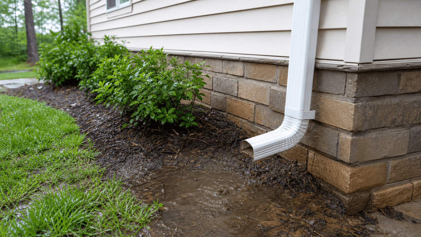 Downspout discharging rainwater beside a masonry foundation after a storm