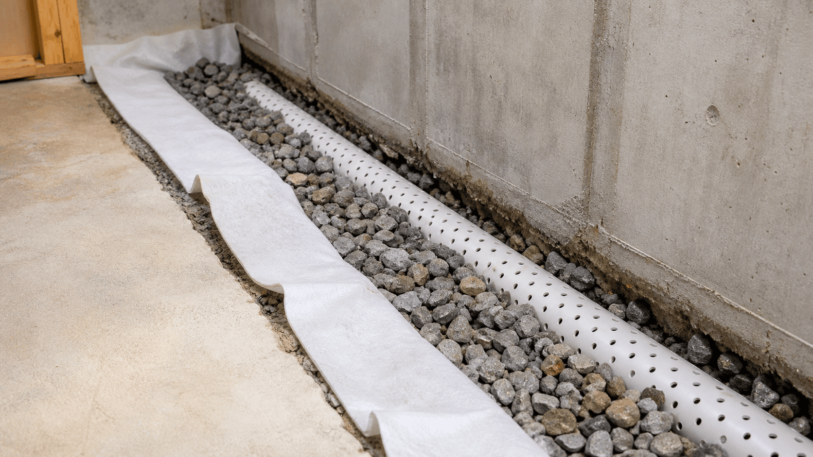 Basement drainage pipe in gravel along a foundation wall